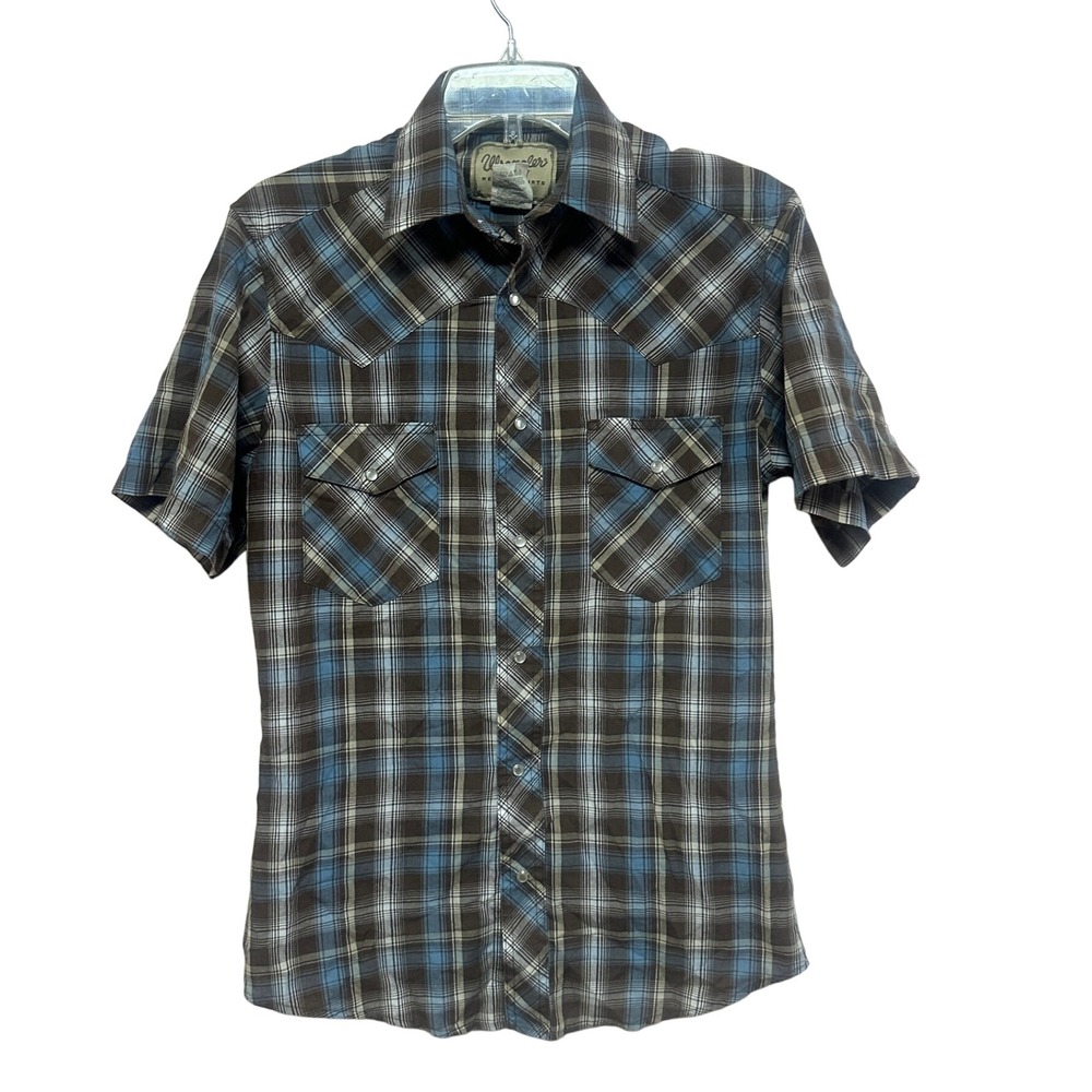Wrangler Western Shirts Mens Short‎ Sleeve Plaid Snap Button Shirt Blue Brown
